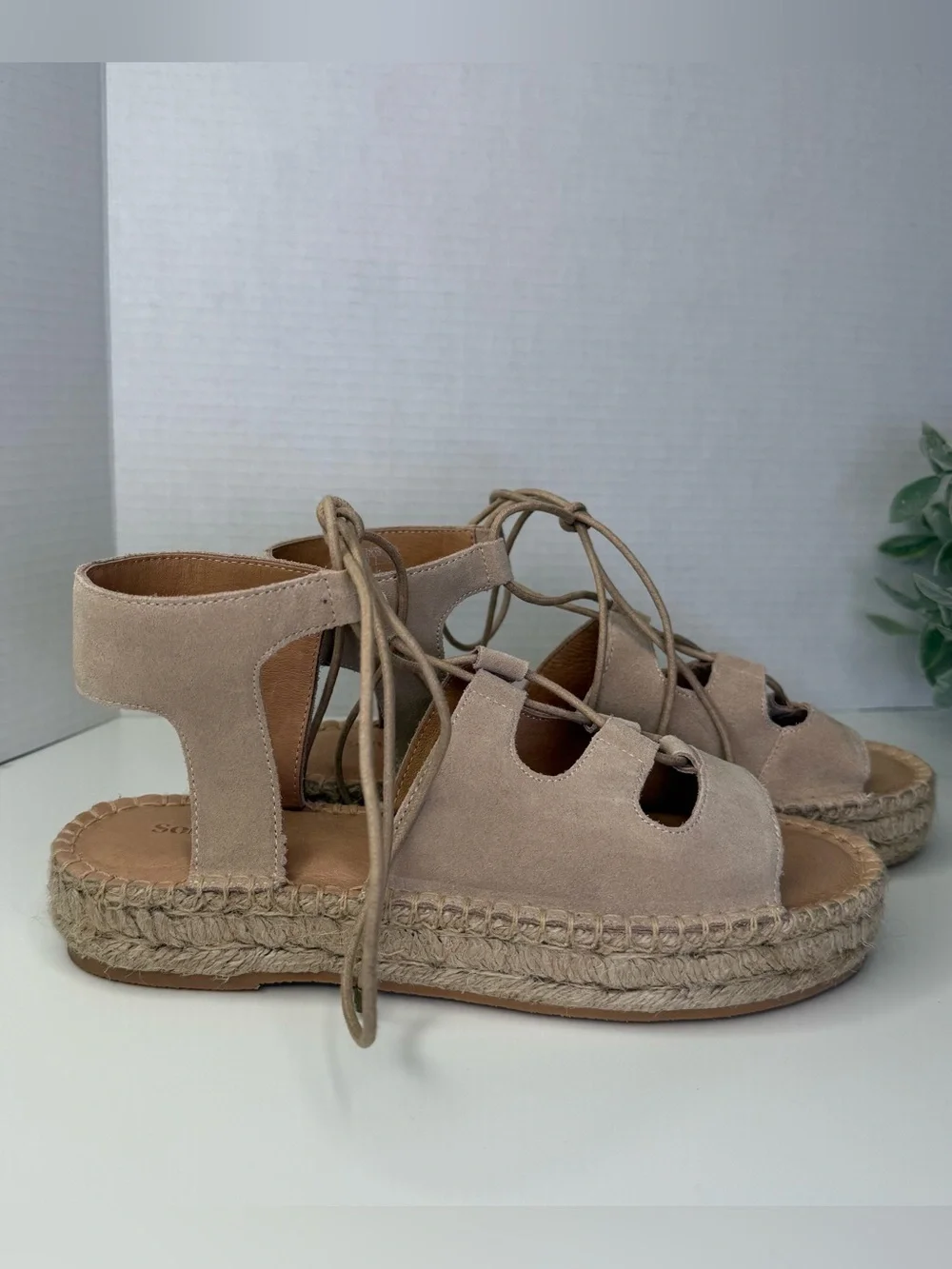 Soludos Sedona Ghillie Espadrille Nude Suede Boho Lace-Up Sandals Womens Size 9